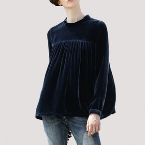 Handmade Silk Velvet Blouse: High Neck, Doll Collar, Loose Fit