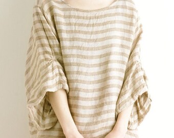 Summer Linen Striped Blouse, Puffy Sleeve Shirt, Casual Loose Kimono Tops, Customized Round Neck Pullover Hand Made Plus Size Linen Blouse