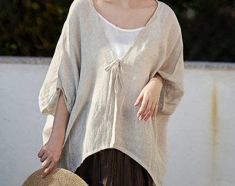 100% Linen Cardigan Jacket Summer V Neck Linen Blouse Jacket Loose Vintage Cardigan, Breathable And Comfortable Shirt Outfit