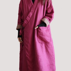 Women&#39;s Pink Maxi Coat With Pockets, Kimono Coat Winter Warm Linen Padded Coat, Long Cardigan, Loose Retro Winter Coat, Oversized Long Coat