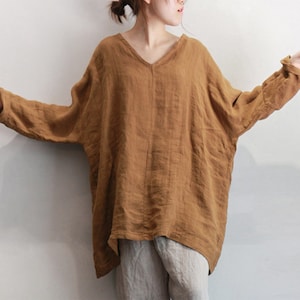 Chemisier mi-long en lin, hauts décontractés, kimono, chemise à col en V, haut à enfiler, fait main, t-shirt à manches longues, vêtements grande taille, chemisier vintage