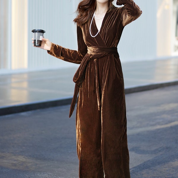 Velvet Surplice Jumpsuit with High Waist Belt