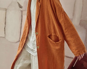 Lockerer Leinenmantel Leinen Duster – Vintage Leinen Cardigan Leinen Duster mit Taschen, Jacke mit Kimonoärmeln, bequemer und weicher übergroßer Mantel