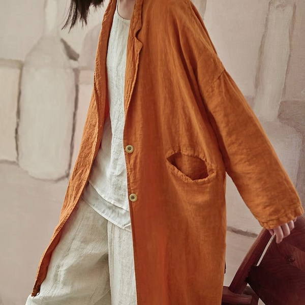 Manteau ample en lin - Cardigan en lin vintage Duster en lin avec poches, veste à manches kimono, manteau surdimensionné confortable et doux