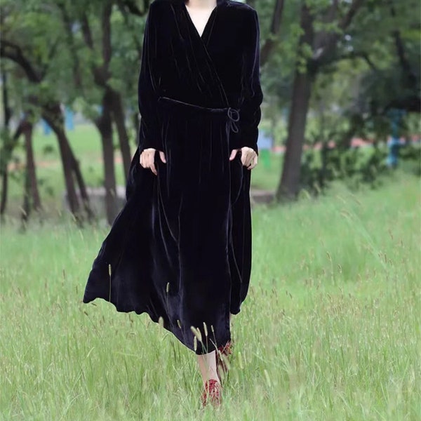 Women's Velvet Dress, Maxi Dress Winter Warm Dress, Long Sleeve Dress, Oversized Swing Dress Long Dress, Wrap Dress Vintage Nightgown Dress