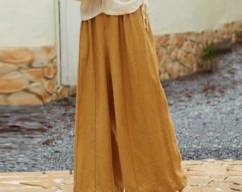 Handmade Linen Wide Leg Pants: Custom High Waist Trousers