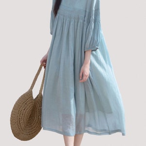 Double-layer Bubble Sleeve Dress with Lantern Sleeves Summer Wear Women, Spring Clothing Linen Maxi Dress Gift For Her