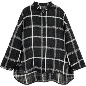 Women's Linen Shirt Casual Plaid Top Loose Lapel Long Sleeve Cardigan, Handmade Cotton Blouse Gingham Shirt Loungewear Soft Button Up Shirt image 6