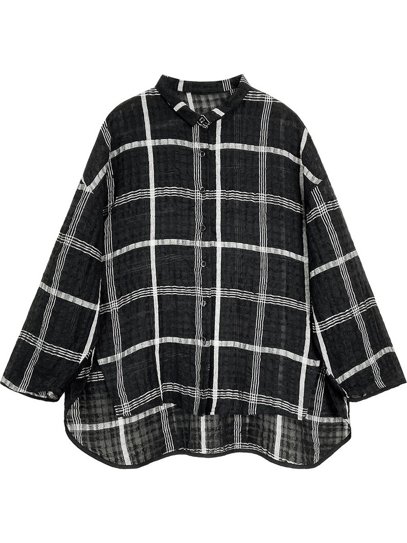 Women's Linen Shirt Casual Plaid Top Loose Lapel Long Sleeve Cardigan, Handmade Cotton Blouse Gingham Shirt Loungewear Soft Button Up Shirt image 6