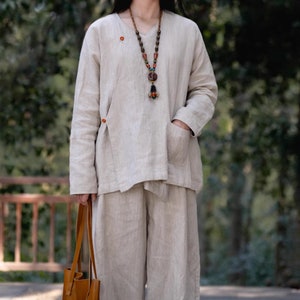 100% Linen Kimono Coat Linen Duster Vintage Linen Cardigan Linen Wrap Shirt, Oversized Linen Short Jacket, Comfy and Soft Linen Clothing image 5