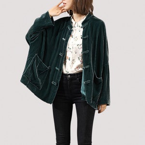 Spring Wear Elegant Silk Velvet Jacket, Silk Velvet Top with Stand Collar and Frog Button - Oversized Pockets, Tang Suit Outerwear for Women