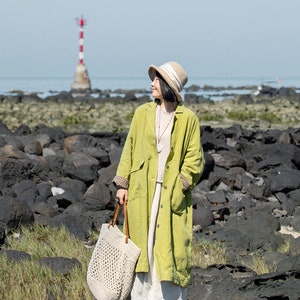 Loose Long Jacket Green Outfit - Maxi Linen Cardigan, Linen Duster Plus Size Clothing, Dropped Linen Jacket Soft Casual Coat Fall Cardigan