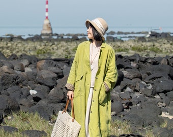 Loose Long Jacket Green Outfit - Maxi Linen Cardigan, Linen Duster Plus Size Clothing, Dropped Linen Jacket Soft Casual Coat Fall Cardigan