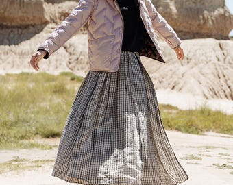 Vintage Linen Plaid Maxi Skirt, A-Line Boho Fall Clothing