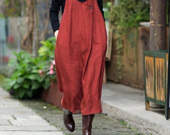 100% Linen Outfit Sleeveless Dress, Linen Midi Dress With Pockets, Linen Summer Slip Dress, Apron Dress, Garden Red Apron Summer Strap Dress