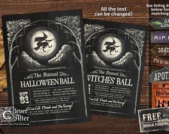Halloween Invitation Witches Ball Invite Vintage Witch's Dance invitations Halloween party soiree printed invites chalkboard full moon