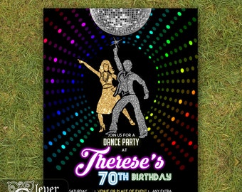 Disco Invitation 70's disco dance night party invite Neon disco ball lights birthday invitations 1970's disco fever theme prom retro printed