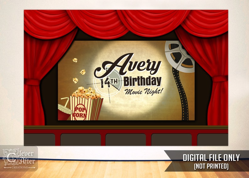 Movie Night Party Backdrop Printable backyard home theater poster cinema background birthday party sign decorations photobooth banner