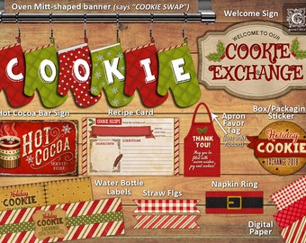 Cookie Exchange Holiday Cookie Swap Party Printables banner, recipe card, hot cocoa sign tags labels Christmas printable kit vintage instant