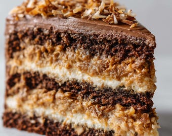 May include: A slice of layered chocolate cake with coconut and cream filling. The cake is topped with chocolate frosting and toasted coconut flakes. The cake is a rich brown color with layers of light brown and white filling.