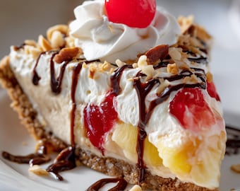 May include: A slice of banana cream pie with whipped cream, chocolate sauce, and a cherry on top. The pie crust is made with graham crackers and the filling is made with bananas, cream cheese, and vanilla pudding.