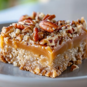 Könnte beinhalten: Ein einzelner Pekannuss-Pie-Riegel auf einem grauen Teller. Der Riegel hat einen bröseligen Boden, eine Karamellschicht und ist mit ganzen und gehackten Pekannüssen belegt. Die Karamellschicht ist glänzend und goldbraun.