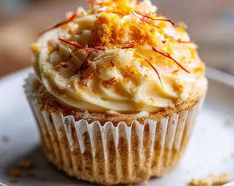 サフランオレンジブロッサムカップケーキのレシピPDF、贅沢な花のデザート、エレガントな柑橘系のお菓子、デジタルダウンロード+無料ボーナス