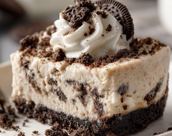 May include: A slice of chocolate chip cookie dough cheesecake with a chocolate cookie crust and whipped cream topping.