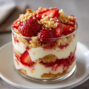 Puede incluir: Un postre en parfait de vidrio con capas de crema pastelera de vainilla, galletas graham trituradas y fresas frescas.