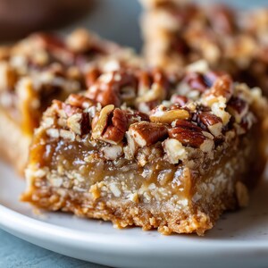 Op de afbeelding: Close-up van een pecan pie bar met een goudbruine korst en een laag pecannoten erop. De bar is in vierkanten gesneden en ligt op een wit bord.