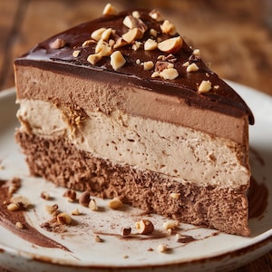 Könnte beinhalten: Ein Stück Schokoladenkuchen mit Schichten aus Schokoladenmousse, Schlagsahne und Schokoladenkuchen. Der Kuchen ist mit Schokoladenfrosting und gehackten Nüssen bedeckt.