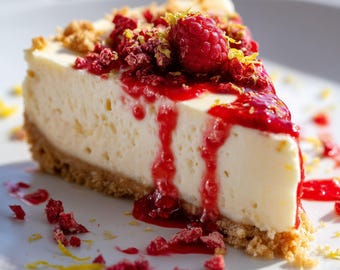 Receta de tarta de queso con limón y frambuesa sin horno (PDF), postre cremoso de cítricos, postre frutal fácil, descarga digital + regalo gratis
