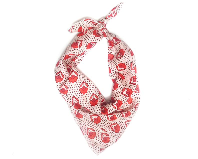 Red Orange Vintage Floral Block Printed Bandana Scarf Wrap Headband Neckerchief Neck Tie