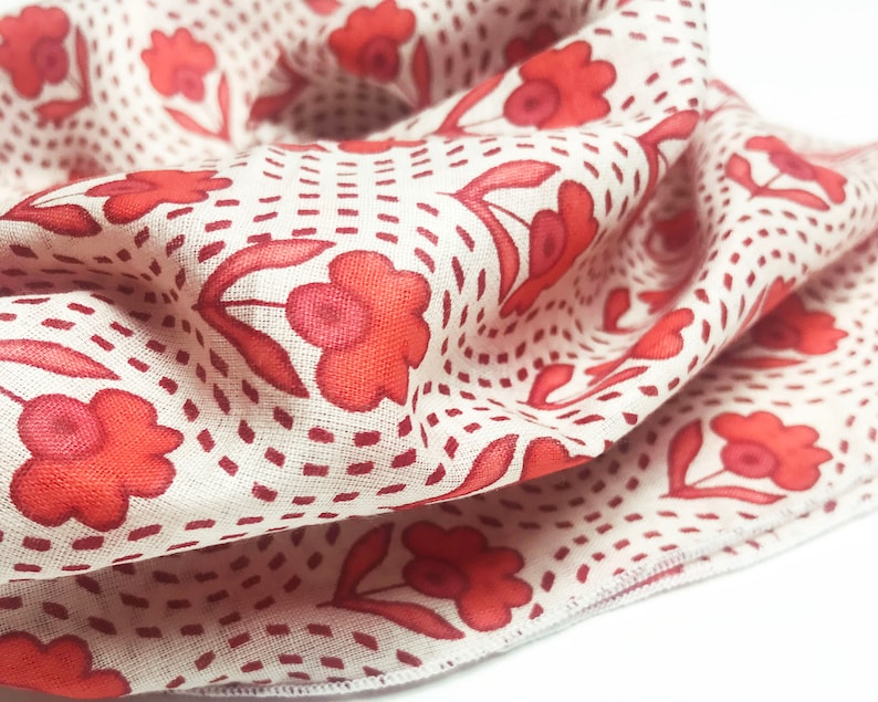 Red Orange Vintage Floral Block Printed Bandana Scarf Wrap Headband Neckerchief Neck Tie