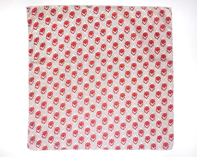Red Orange Vintage Floral Block Printed Bandana Scarf Wrap Headband Neckerchief Neck Tie