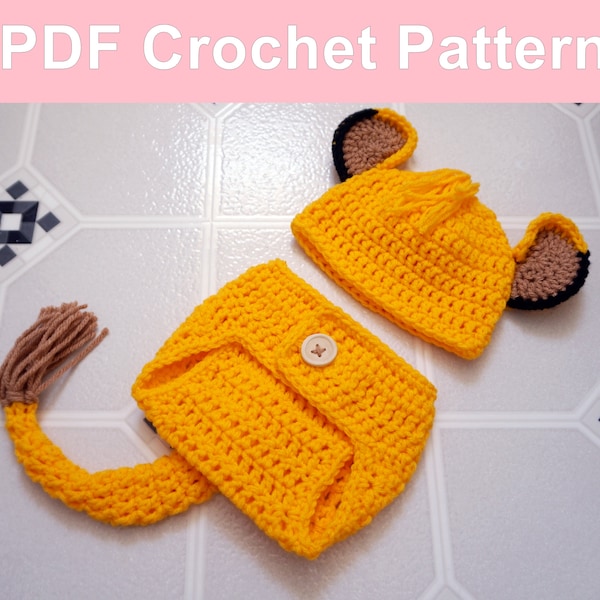 Lion Crochet Pattern Newborn Photo Outfit Boy, Hat and Diaper Cover Pattern, Baby Easter Gift