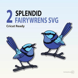 May include: Two blue and light blue Splendid Fairy-wrens SVG illustrations. The birds are perched on a dark brown branch. The text reads "2 Splendid Fairywrens SVG" and "Cricut Ready".