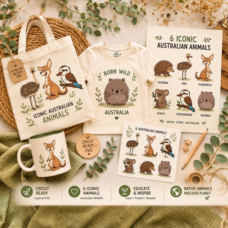 Puede incluir: Una colecci&oacute;n de productos con tem&aacute;tica australiana, que incluye un bolso de mano, una camiseta, una taza e impresiones. Los art&iacute;culos presentan ilustraciones de animales australianos ic&oacute;nicos como canguros, em&uacute;s y koalas. La camiseta dice "Born Wild Australia."