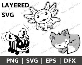 Cartoon Axolotl, Bumble Bee & Fox: Layered SVG PNG DFX (Digital Download)