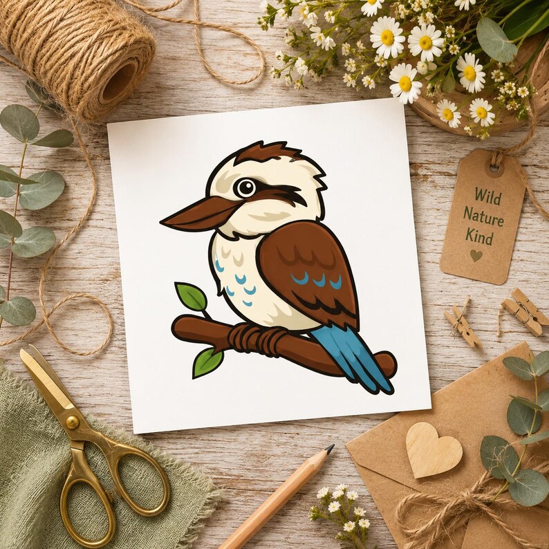 Puede incluir: Ilustraci&oacute;n colorida de un ave kookaburra posada en una rama con hojas verdes. El ave tiene plumas marrones, blancas y azules. La imagen est&aacute; en una tarjeta cuadrada blanca con las palabras "Wild Nature Kind" en una etiqueta.