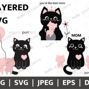 Moederdag Kat Moeder Bundel | Zwarte kat gelaagd voor Cricut | Kat moeder SVG | Cartoon zwarte kat | Houd van katten PNG | Kat clipart | Katje afbeelding