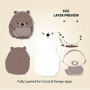Puede incluir: Una vista previa de capa SVG con varios dise&ntilde;os de wombats de dibujos animados. La imagen incluye un wombat completamente coloreado, un contorno de wombat blanco y otros elementos de wombat. El texto de la imagen dice "SVG LAYER PREVIEW" y "Fully Layered for Cricut & Design Apps."