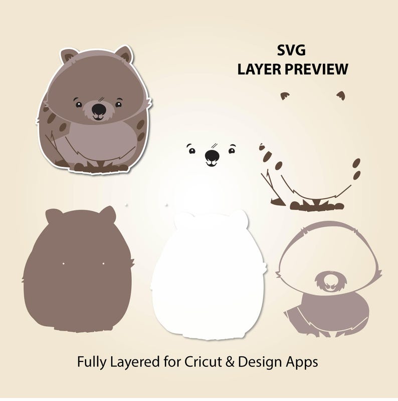 Puede incluir: Una vista previa de capa SVG con varios dise&ntilde;os de wombats de dibujos animados. La imagen incluye un wombat completamente coloreado, un contorno de wombat blanco y otros elementos de wombat. El texto de la imagen dice "SVG LAYER PREVIEW" y "Fully Layered for Cricut & Design Apps."