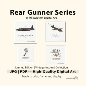 May include: Four square prints featuring WWII aviation art. The prints include illustrations of aircraft, a parachuting airman, and a cartoon scene. Text includes "Rear Gunner Series", "WWII Aviation Digital Art", and "Limited Edition | Vintage-Inspired Collection".