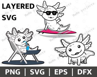 Chilaxolotl Axolotl Summer SVG PNG: Layered Cartoon Outline (Digital Download)
