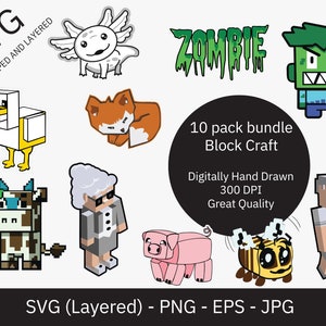 Block Craft Mega Bundle / Axolotl / Bumble Bee / Fox / Layered para Cricut / SVG PNG DFX / Pixel Craft / Minecraft Fan Art / Zombie / Cow