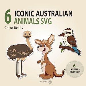 Puede incluir: Gr&aacute;fico digital con seis animales australianos ic&oacute;nicos en estilo de dibujos animados. La imagen incluye un em&uacute;, un canguro y un cucaburra. El texto dice "6 Iconic Australian Animals SVG" y "Cricut Ready."