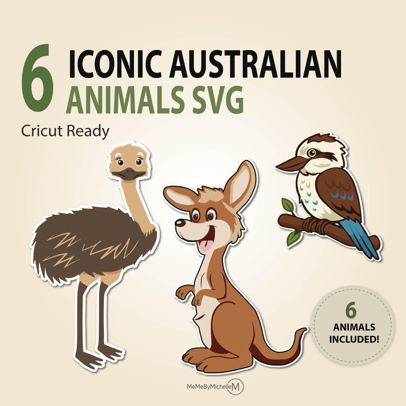 Puede incluir: Gr&aacute;fico digital con seis animales australianos ic&oacute;nicos en estilo de dibujos animados. La imagen incluye un em&uacute;, un canguro y un cucaburra. El texto dice "6 Iconic Australian Animals SVG" y "Cricut Ready."