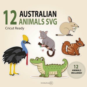 May include: A collection of 12 Australian animal SVG cut files. The image features a variety of cartoon animals, including a cassowary, crocodile, possum, bilby, and numbat. The text reads "12 Australian Animals SVG" and "Cricut Ready."