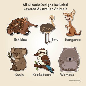 Puede incluir: Seis dise&ntilde;os de animales australianos en capas: equidna, em&uacute;, canguro, koala, cucaburra y wombat. Cada animal est&aacute; representado en un estilo de dibujos animados con colores vibrantes y rasgos distintivos. El texto dice "All 6 Iconic Designs Included Layered Australian Animals".